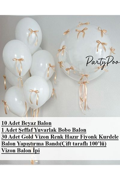 PartyPoo Gold Bow Ribbon Bobo and White Balloon Set 10 Birthday Set Bow Balloon, Ribbon Balloon