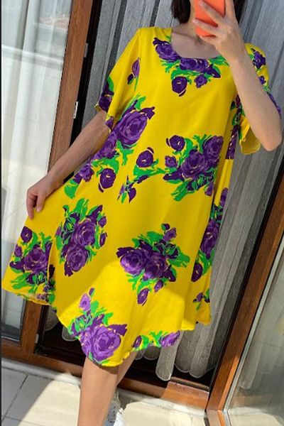 AYASOFYA OTANTIK Women's Yellow Round Neck Pocket Retro Pattern Short Sleeve Loose Midi Dress