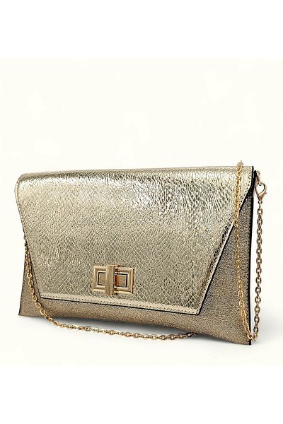 Evident Gold Fish Scale Patterned Women's Portfolio & Clutch Bag with Cover Lock Detail