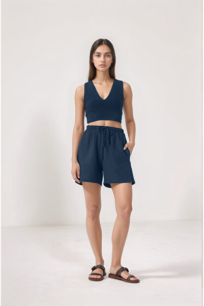 Bled Müslin Cepli Kadın Şort Lacivert (%100 Pamuk)