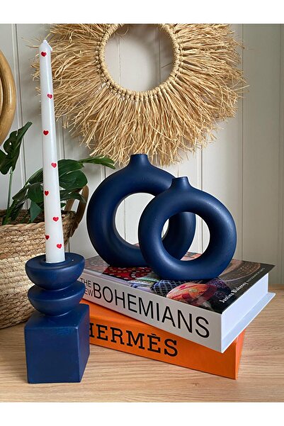 Porselian Set decorativ boem din 3 vaze, 2 vaze cu inele, 1 suport pentru lum...