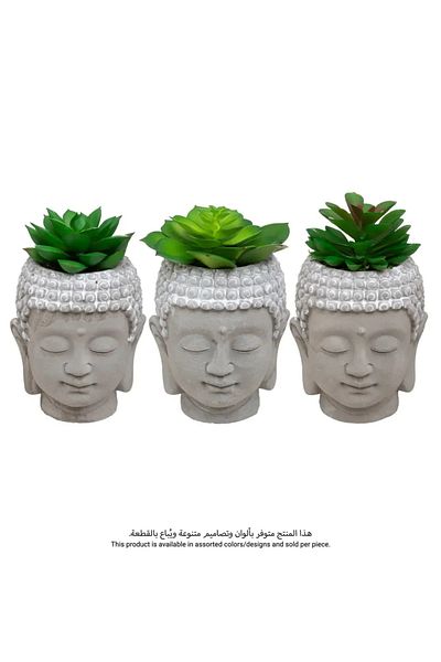 Atmosphera Buddha Head Concrete Pot with Plant (9 x 12.5 cm, Gray, Assorted Designs)