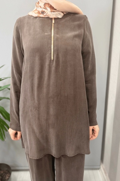 MISS DALIDA Cupro Tunic with Zipper Collar Brown T25Y-6061