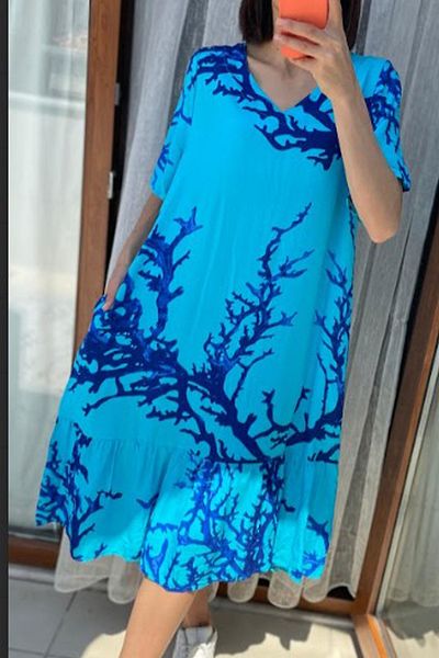 AYASOFYA OTANTIK Rochie midi albastru deschis pentru femei, cu decolteu în V, cu buzunare, cu model, cu jumătate de mânecă