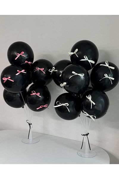 PartyPoo Black Balloon Set of 10 and White and Pink Bow Birthday Set Bow Balloon, Ribbon Balloon