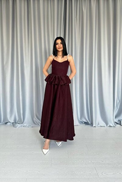 NOSTALJİX Burgundy Waist Gathered Pearl Strap Long Dress