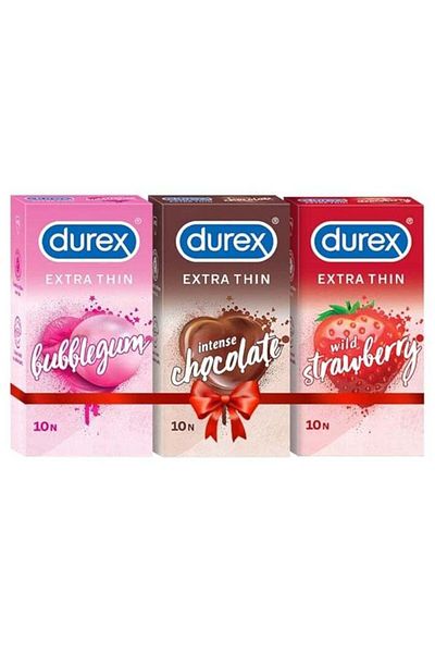 Durex Multiflavored Extra Thin Condoms For Men - Bubblegum, Wild Strawberry, Intense Chocolate - 10