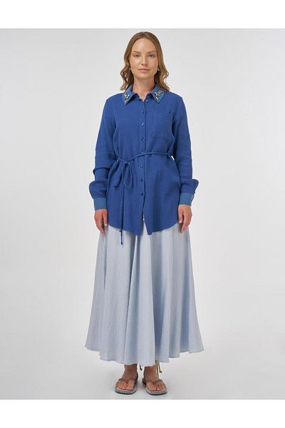 KYR Collar Stone Embroidered Muslin Tunic Indigo