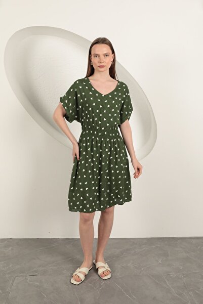 Genel Markalar Viskon Kumaş Kalp Desenli Elbise-Haki