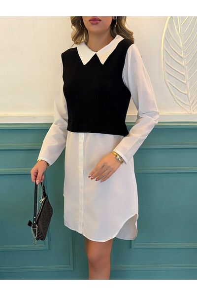 COTTONLAB Rochie de damă cu mânecă lungă, guler de cămașă, dublă culoare, tricot