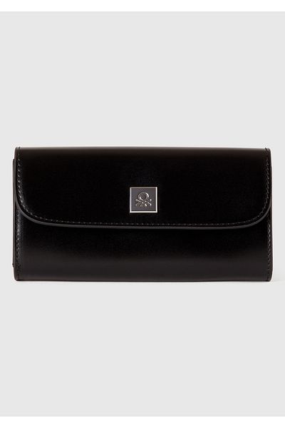 United Colors of Benetton Women's Black Logo Metal Plate Snap Fastener Rectangular Wallet