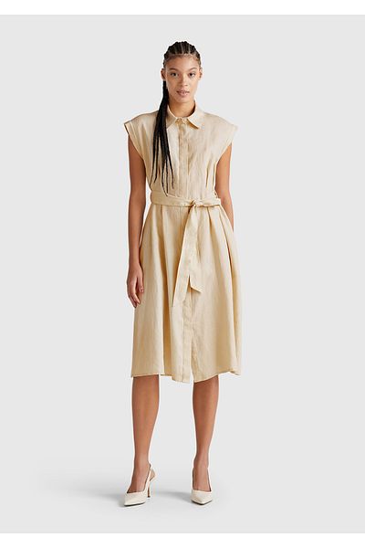 United Colors of Benetton Women's Stone Color 100% Linen Pleated Shirt Dress with Detachable Belt