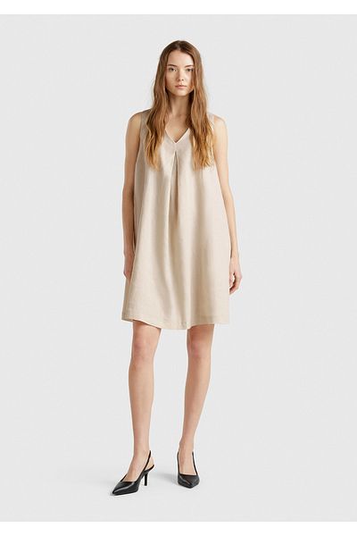 United Colors of Benetton Women's Stone Color 100% Linen Side Zipper A-Line V-Neck Short Dress