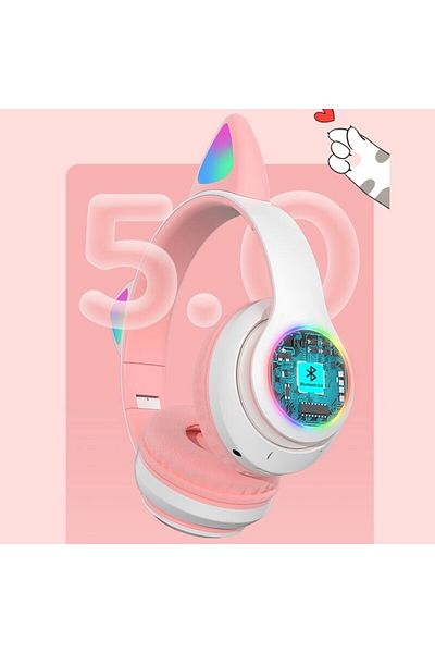 Andowl Q-MAX60 Cat Ear Headphones, Wireless, Stereo, RGB Lights, Bluetooth 5.0, SD Slot, Pink