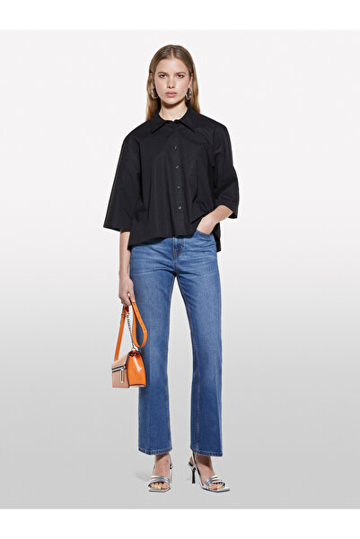 Sisley Women's black 100% cotton pleated Oversized half sleeve shirt