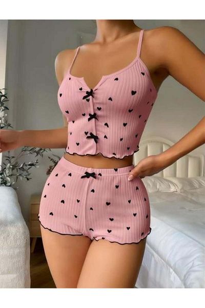 Findit Pink over Black Heart Patterned Strap Shorts Pajama Set