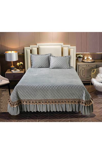 CHIRASO CHIRASO Bedspread Set, VELVET, 3 Pieces, 220x240+27 cm, 2 Pillowcases 50x70+5 cm, light gray