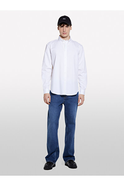 Sisley Ανδρικό πουκάμισο από λευκό βαμβακερό ελαστικό πουκάμισο κανονικής εφαρμογής