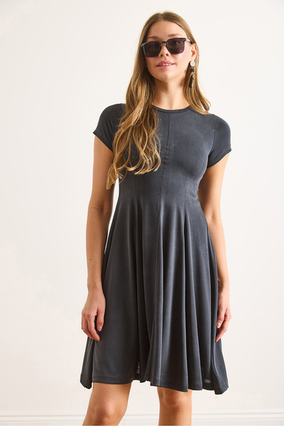 Olalook Women Anthracite Modal Short Sleeve Fragmented Mini Bell Dress Elb-19002474