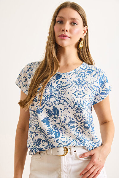 Olalook Γυναικεία Ethnic Navy Blue V λαιμόκοψη υφασμένη μπλούζα βισκόζης BLZ-19003048