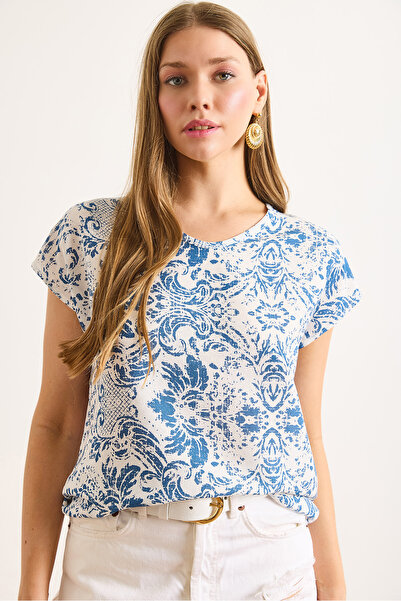 Olalook Γυναικεία Ethnic Navy Blue V λαιμόκοψη υφασμένη μπλούζα βισκόζης BLZ-19003048