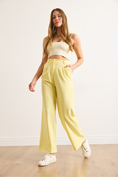 Olalook Women's Yellow Button Pleated Palazzo Double Trousers Pnt-19000355