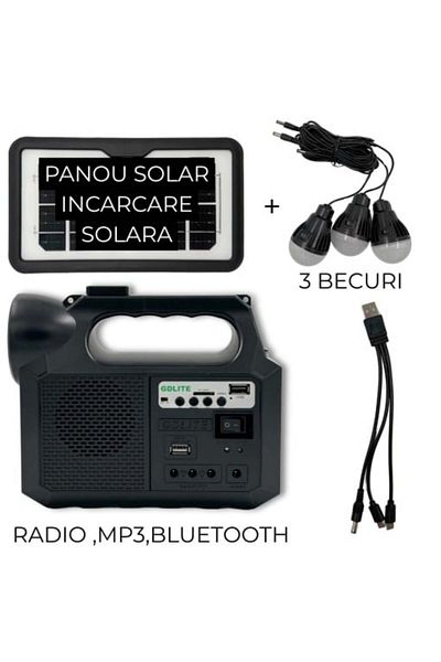 OEM Kit solar GDlite GD-8017 - Panou solar, 3 becuri LED, radio FM, Bluetooth, MP3, încărcare telefon