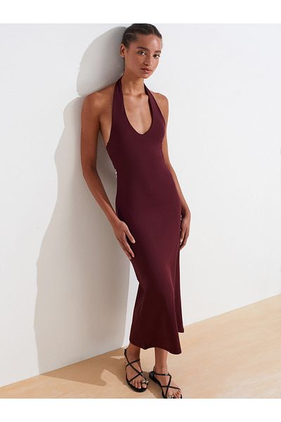 Dilvin 91476 Halter Neck Midi Dress-Burgundy