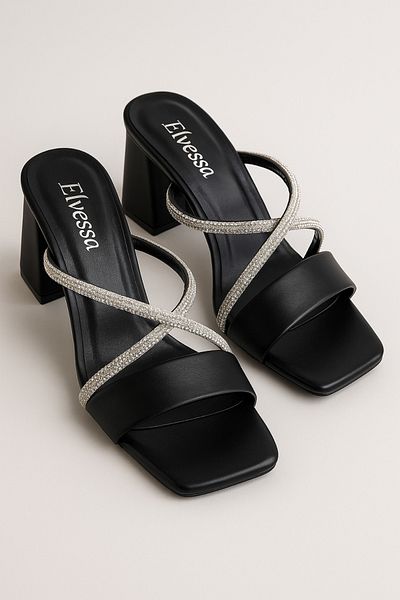Elvessa Women's Black 5 cm Thick Heeled Shoes Single Strap, Shiny Stone Decoration, Special Day & Daily Use