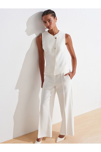 Dilvin 72132 Double Waistband Trousers-White
