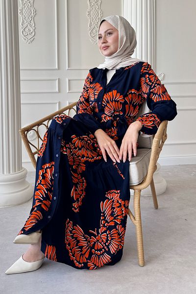 InStyle Wavy Leaf Pattern Orange Viscose Dress