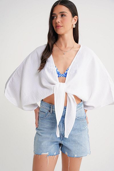 Mixray 4723 Women's Front Tie Bolero Blouse Ecru
