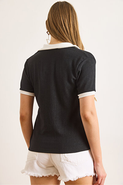 Olalook Women's Black White Polo Neck Color Block Wrap Blouse Blz-19003046