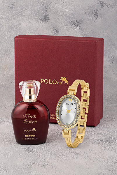 Polo Air Oval Kasa Kadın Kol Saati Parfüm Bordo Hediyelik Kutsunda Set Gold Renk ST-2170S1