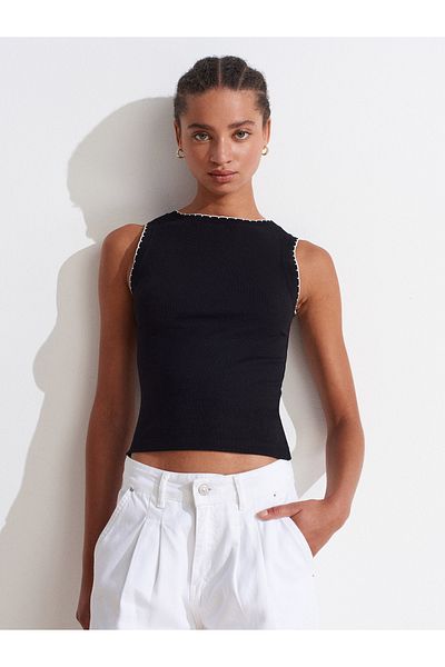 Dilvin 21043 Contrast Detailed Strap Top-Black