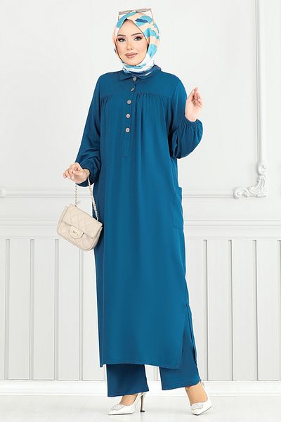 ModaMerve Half Button Viscose Suit 6061Uz1029-M Petrol