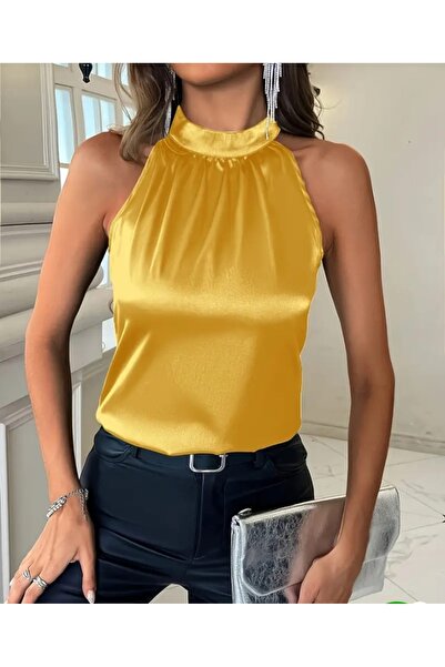 By Kul Design Women's Satin Tie Detail Collar Bluz