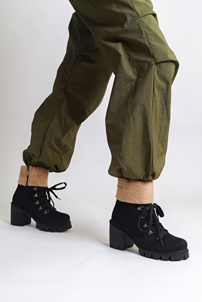 Joy Ayakkabı EMMA Lace-up Zippered Ορθοπεδικός πάτος Heeled Fur Detailed Σουέ...