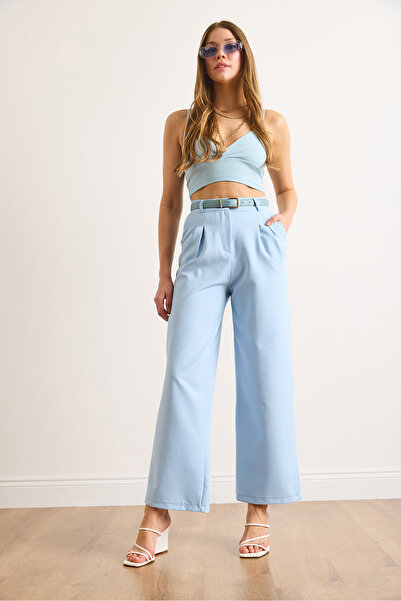 Olalook Women's Blue Buttoned Pleated Palazzo Double Trousers Pnt-19000355