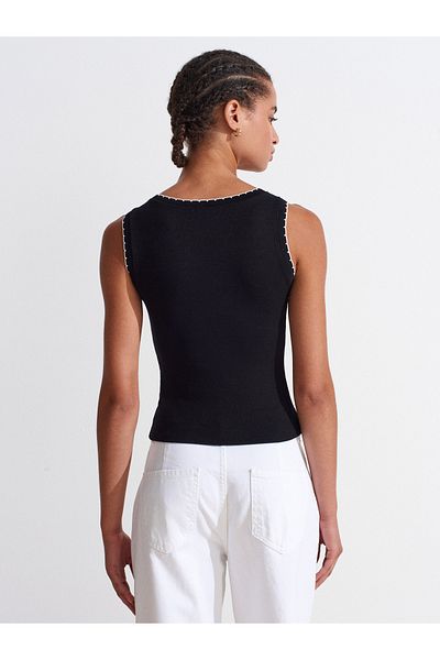 Dilvin 21043 Contrast Detailed Strap Top-Black