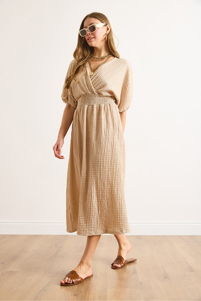 Olalook Γυναικείο φόρεμα Camel Waist Gipeli με διπλό γιακά Midi ELB-19002100