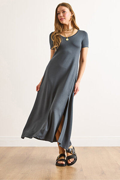 Olalook Γυναικείο καπνιστό κοντομάνικο φόρεμα με σχισμή Modal με κλειδί ELB-19002470