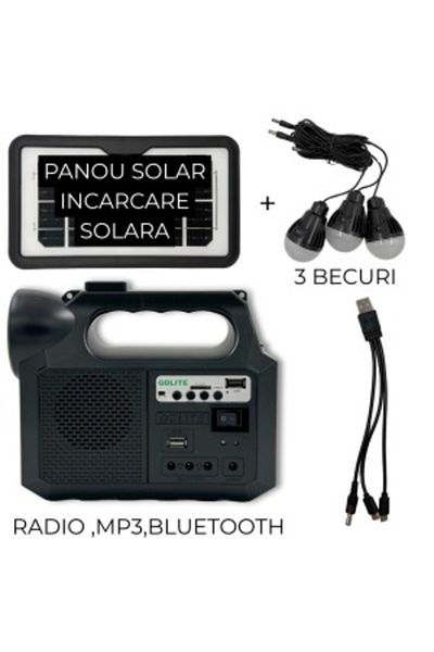 OEM Kit solar GDlite GD-8017 - Panou solar, 3 becuri LED, radio FM, Bluetooth, MP3, încărcare telefon