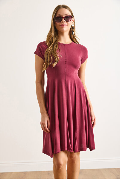 Olalook Γυναικείο μπορντό Modal κοντομάνικο μίνι φόρεμα καμπάνα ELB-19002474