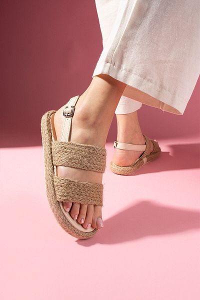 FUGA MODA Sandy Beige Straw Strap High Straw Wrap Sole Premium Sandals