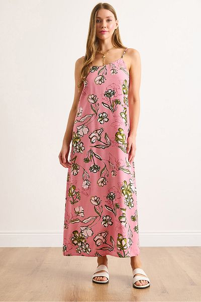 Olalook Γυναικείο ροζ λουράκι ρυθμιζόμενο Maxi Viscose φόρεμα ELB-19002471