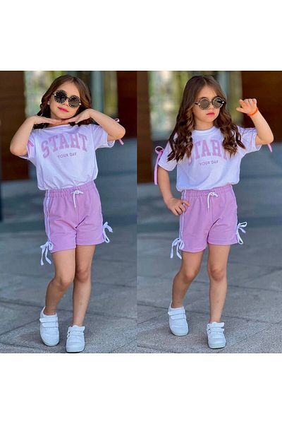 sinmm Girl's Start Printed Striped Detail Bottom-Top 2-Piece Set Lila Color