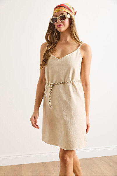 Olalook Women's Stone Strap Belted Mini Linen Look Dress Elb-19002465