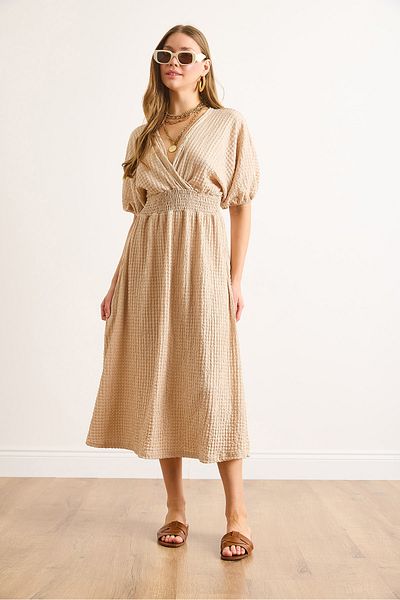 Olalook Γυναικείο φόρεμα Camel Waist Gipeli με διπλό γιακά Midi ELB-19002100