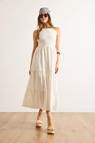 Olalook Women's White Halter Neck Lined Linen Look Dress Elb-19002461